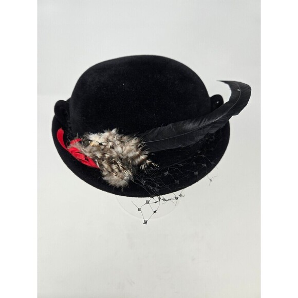 VINTAGE CHRISTINE ORIGINAL NEW YORK BLACK EMBELLISHED BOWLER HAT FEATHERS WOMEN - Picture 3 of 12